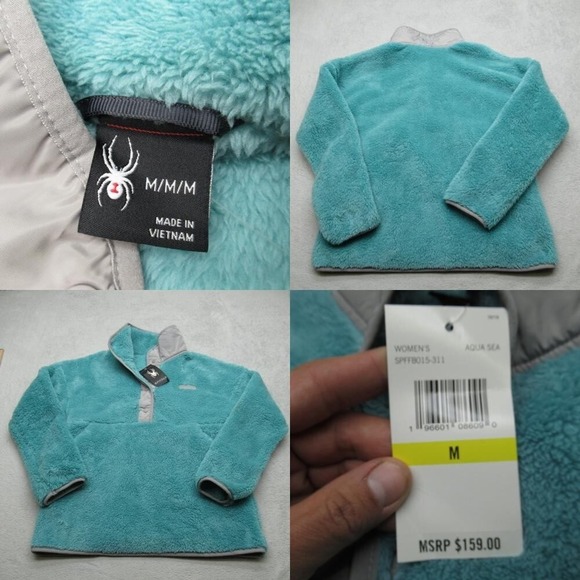 Spyder Sweatshirt Womens‎ Medium Aqua Sea Fuzzy Fleece Quarter Snap $159 NEW - Picture 1 of 14